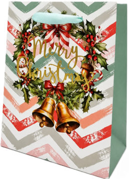 Torba prezentowa świąteczna. Chevron biało-zielono-czerwony, wieniec "Merry Christmas", dzwonki, niebieska rączka.
