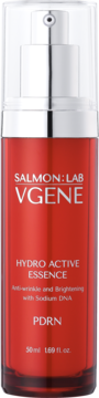 Czerwona butelka SALMON:LAB VGENE Hydro Active Essence z PDRN, 50ml, nawilżająca, widok z przodu.