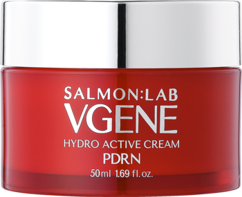 Czerwony słoik kremu SALMON:LAB Vgene Hydro Active PDRN, srebrna zakrętka, widok z przodu pod kątem.