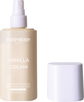 Everybody London Vanilla Cream mgiełka do ciała i włosów w beżowej butelce ze spryskiwaczem, obok biała nakrętka.