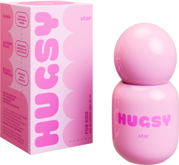 Różowe perfumy Hugsy The Star dla dzieci, butelka obok pudełka. Zapach truskawki, pianki, wanilii.