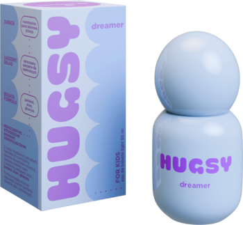 Hugsy The Dreamer, jasnoniebieski zapach dla dzieci w okrągłej butelce i dopasowanym pudełku, widok z przodu.