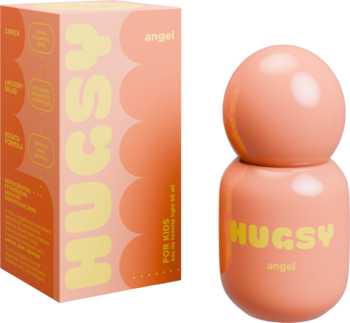 Hugsy The Explorer, perfumy dla dzieci: brzoskwiniowa butelka i pudełko z żółtym napisem Hugsy, widok przód.