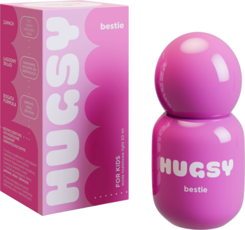 Różowy zapach Hugsy The Besties dla dzieci. Obok pionowego pudełka perfum, owalna butelka z napisem HUGSY, widok z przodu.