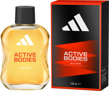 Męska woda perfumowana Adidas Active Bodies: szklana butelka z bursztynowym płynem i czarną nakrętką, obok czarne pudełko.