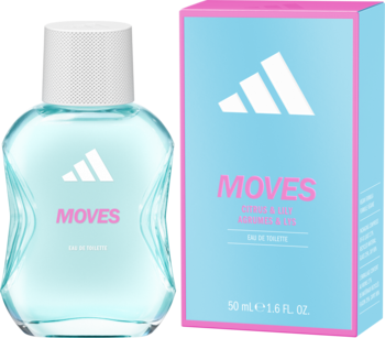Adidas Moves EDT damska, błękitna butelka o falistym kształcie z różowym napisem i pasujące pudełko, ujęcie z przodu.