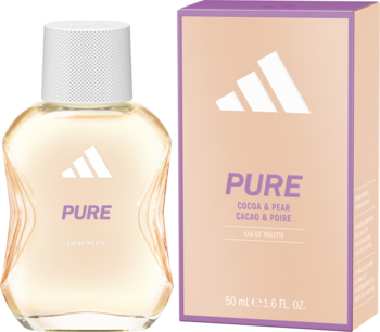 Widok z przodu butelki wody toaletowej Adidas Pure damska i beżowo-fioletowego opakowania 50ml.