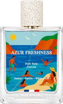 Perfumy Azur Freshness Style Paris 100ml; butelka z barwną etykietą letniego wybrzeża i nutami: bursztyn, wanilia, białe drewno.