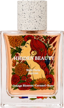HIDDEN BEAUTY Style Paris perfumy, flakon 100ml z ilustracją kobiety i kwiatów, zapach Orange Blossom-Caramel-Rose.
