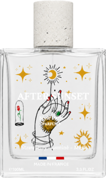 Niszowe perfumy Style Paris After Sunset w przezroczystym flakonie z grafiką ręki, słońca i gwiazd.