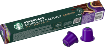 Starbucks Chocolate Hazelnut Flavored Coffee Nespresso capsules, dark green box with purple accents, two purple capsules, angled.