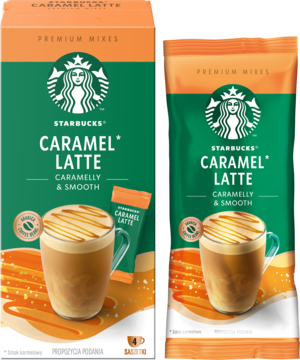 Starbucks Caramel Latte Premium Mixes: zielone pudełko i saszetka z ilustracją kawy karmelowej, widok z przodu.