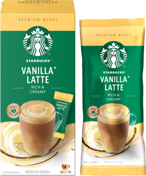 Starbucks Vanilla Latte Premium Mixes, kawa rozpuszczalna, pudełko i saszetka z grafiką kremowej kawy.