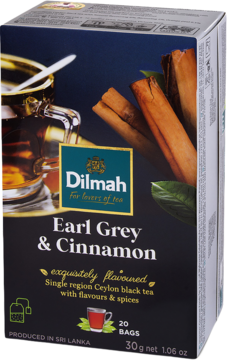 Dilmah Earl Grey & Cinnamon, czarna herbata cejlońska z cynamonem. Pudełko z grafiką herbaty i cynamonu, widok z przodu.
