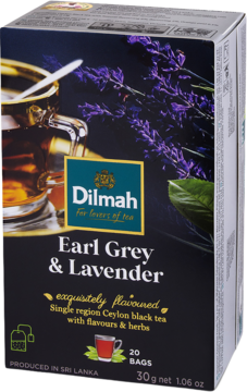 Czarne pudełko herbaty Dilmah Earl Grey & Lavender, z fioletową lawendą i filiżanką, widok z przodu pod kątem.