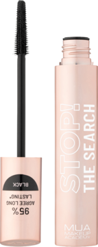 Długotrwała czarna mascara MUA Makeup Academy, różowo-złote opakowanie, otwarta z silikonową szczoteczką.