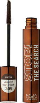 Mascara MUA Makeup Academy STOP! THE SEARCH Mocha, brązowa tuba i wysunięta silikonowa szczoteczka.