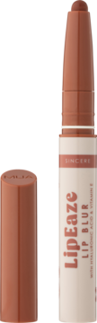 MUA LipEaze Lip Blur pomadka z efektem rozmycia, beżowa, z odkrytą końcówką i odłożoną skuwką, pionowo.