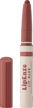 Pomadka LipEaze Lip Blur Maple, otwarta, pudrowy sztyft w kolorze ceglastym z zakrętką obok.