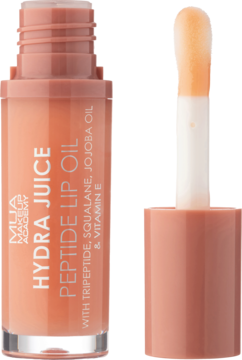 MUA Hydra Juice Peptide Lip Oil, brzoskwiniowa butelka i aplikator z nawilżającym olejkiem do ust.