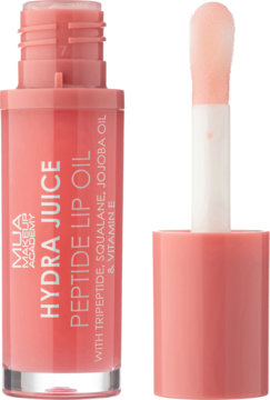 Koralowy olejek do ust MUA Hydra Juice Peptide w butelce i obok aplikator. Z peptydami, skwalanem, jojobą.