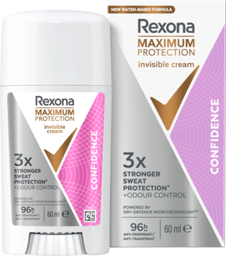 Antyperspirant Rexona Maximum Protection Confidence, biała tubka i opakowanie z różowo-złotymi detalami 96h.