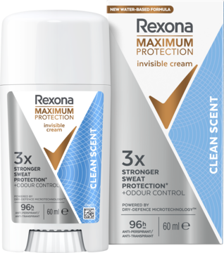 Rexona Max Protection antyp. w kremie Clean Scent, biały sztyft i opakowanie obok, 96h ochrony.