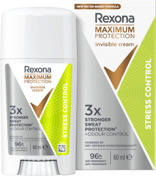 Biały antyperspirant Rexona Maximum Protection Stress Control w kremie 96h, z pudełkiem, widok przód-bok.