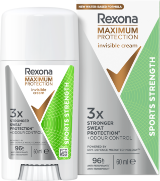 Biały antyperspirant Rexona Maximum Protection Sport Strength w sztyfcie i pudełku, z zielono-brązowymi akcentami, widok z przodu.