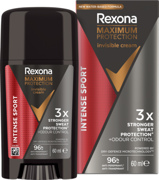Rexona Maximum Protection Invisible Cream Intense Sport, czarny sztyft i pudełko obok, 96h ochrony, widok z przodu.