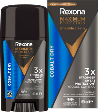Rexona Max Protection Cobalt Dry, czarny antyperspirant w kremie (stick) i pudełku, 3x silniejsza ochrona.