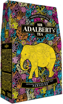 Herbata Sir Adalbert's Ceylon Premium Black Tea Paradise w barwnym pudełku z intrygującym wzorem i złotym słoniem, widok pod kątem.