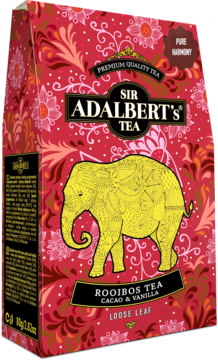 Czerwone opakowanie Sir Adalbert's Rooibos Tea Cacao & Vanilla loose leaf ze złotym słoniem, widok z przodu.