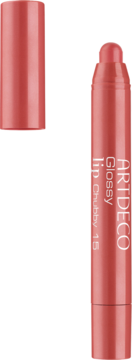 Otwarty błyszczyk w sztyfcie Artdeco Glossy Lip Chubby 15, koralowo-czerwony, widoczna kremowa pomadka.