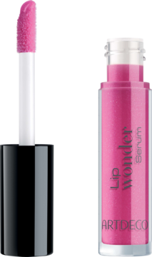 Różowe serum do ust ARTDECO Lip Wonder Serum w butelce, obok aplikator XL z błyszczącym produktem.