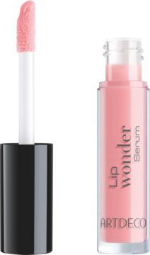 ARTDECO Lip Wonder Serum, różowe w przezroczystej butelce. Aplikator XL z różowym serum wysunięty, widok z boku.