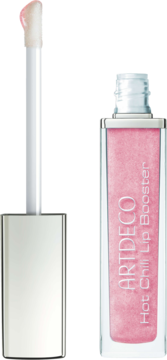 ARTDECO Hot Chili Lip Booster, różowy błyszczyk, otwarta butelka z aplikatorem i błyszczącą formułą.