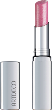 Otwarty balsam Artdeco Color Booster Lip Balm Pink Glitter, sztyft różowy z brokatem, srebrna obudowa.
