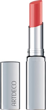 Artdeco Color Booster Lip Balm, koralowy sztyft w błyszczącej srebrnej tubce, z nakrętką obok, widok z przodu.
