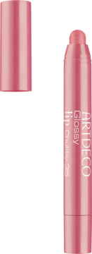 Artdeco Glossy Lip Chubby 35, różowy błyszczyk w sztyfcie z otwartą skuwką, widok z przodu na pastelowym tle.
