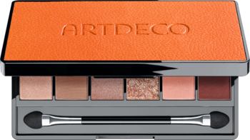 Paleta cieni ARTDECO Iconic Eyeshadow Palette 1 otwarta. Pomarańczowe wieczko, 6 beżowo-brązowych cieni, aplikator.