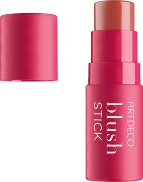 Otwarty róż w sztyfcie Artdeco Blush Stick o kremowej konsystencji, z różową nakrętką obok, na białym tle.