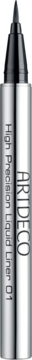 ARTDECO High Precision Liquid Liner 01. Srebrny eyeliner z czarną, precyzyjną końcówką. Widok pionowy.
