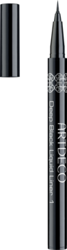 ArtDeco Deep Black Liquid Liner 1, czarny pisak eyeliner z otwartą skuwką, widoczna precyzyjna końcówka.