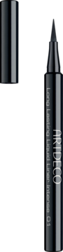 Artdeco Long Lasting Liquid Liner Intense Q1, czarny eyeliner w pisaku z otwartą skuwką ukazującą precyzyjną końcówkę.