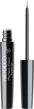 Biały eyeliner Artdeco Perfect Color w błyszczącej, otwartej czarnej butelce, z precyzyjnym aplikatorem, widok z boku.