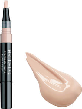 Rozświetlający korektor Artdeco Perfect Teint Illuminator w czarnym pisaku i jasnobeżowy swatch na bieli.