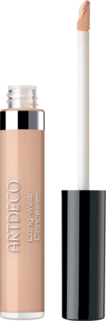 Płynny korektor Artdeco Long Wear Concealer Soft Ivory w beżowej tubce, widok z boku z aplikatorem z gąbką.
