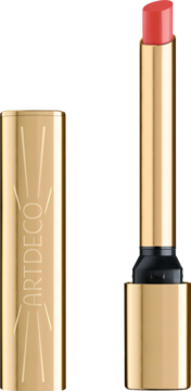 Błyszcząca pomadka Artdeco Lip Shine Stylo Spirit of Love, złote opakowanie z logo, koralowy sztyft, otwarta.