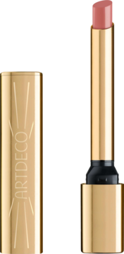 Różowo-złota pomadka Artdeco Lip Shine Stylo otwarta, z widocznym sztyftem i zakrętką z logo.